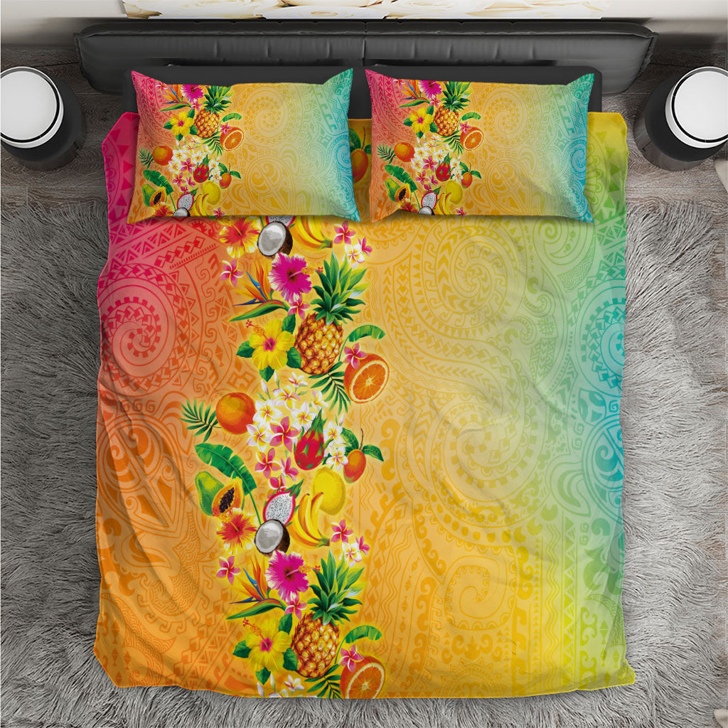 Hawaiian Tropical Fruits and Plants Bedding Set Kakau Pattern Summer Vibe