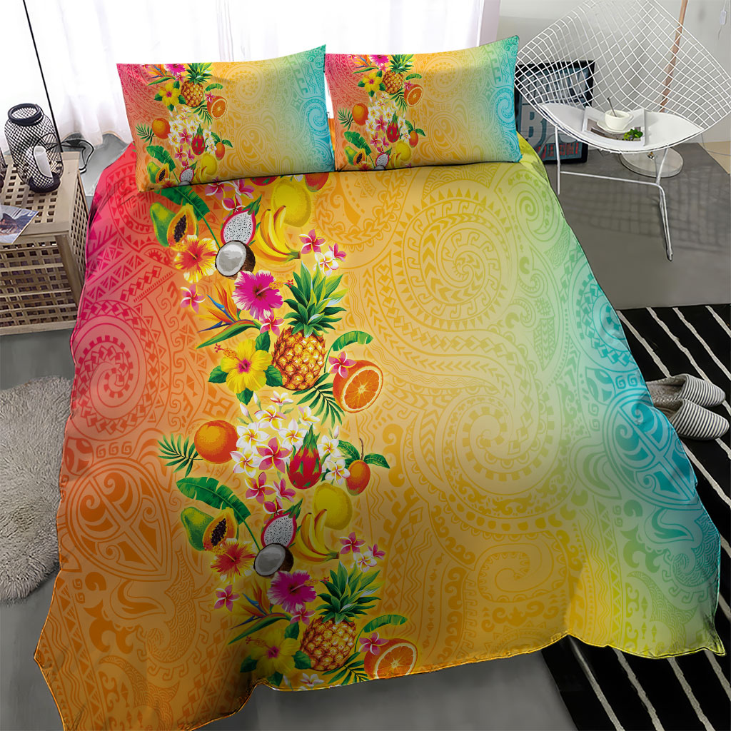 Hawaiian Tropical Fruits and Plants Bedding Set Kakau Pattern Summer Vibe