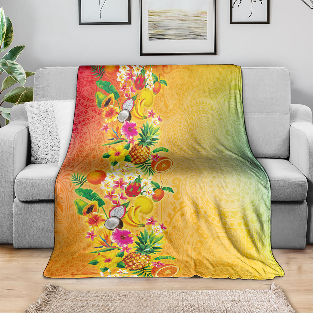 Hawaiian Tropical Fruits and Plants Blanket Kakau Pattern Summer Vibe
