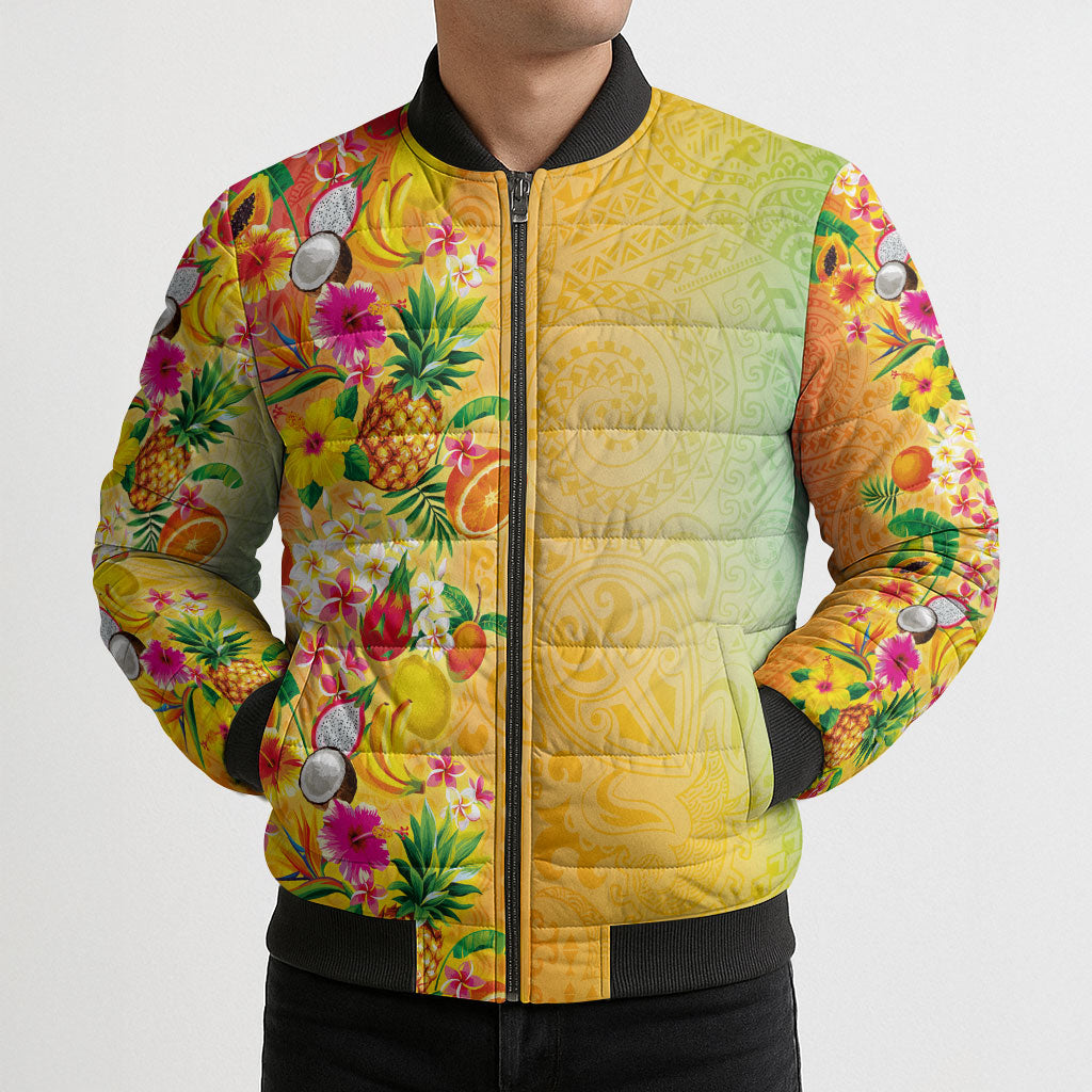 Hawaiian Tropical Fruits and Plants Bomber Puffer Jacket Kakau Pattern Summer Vibe