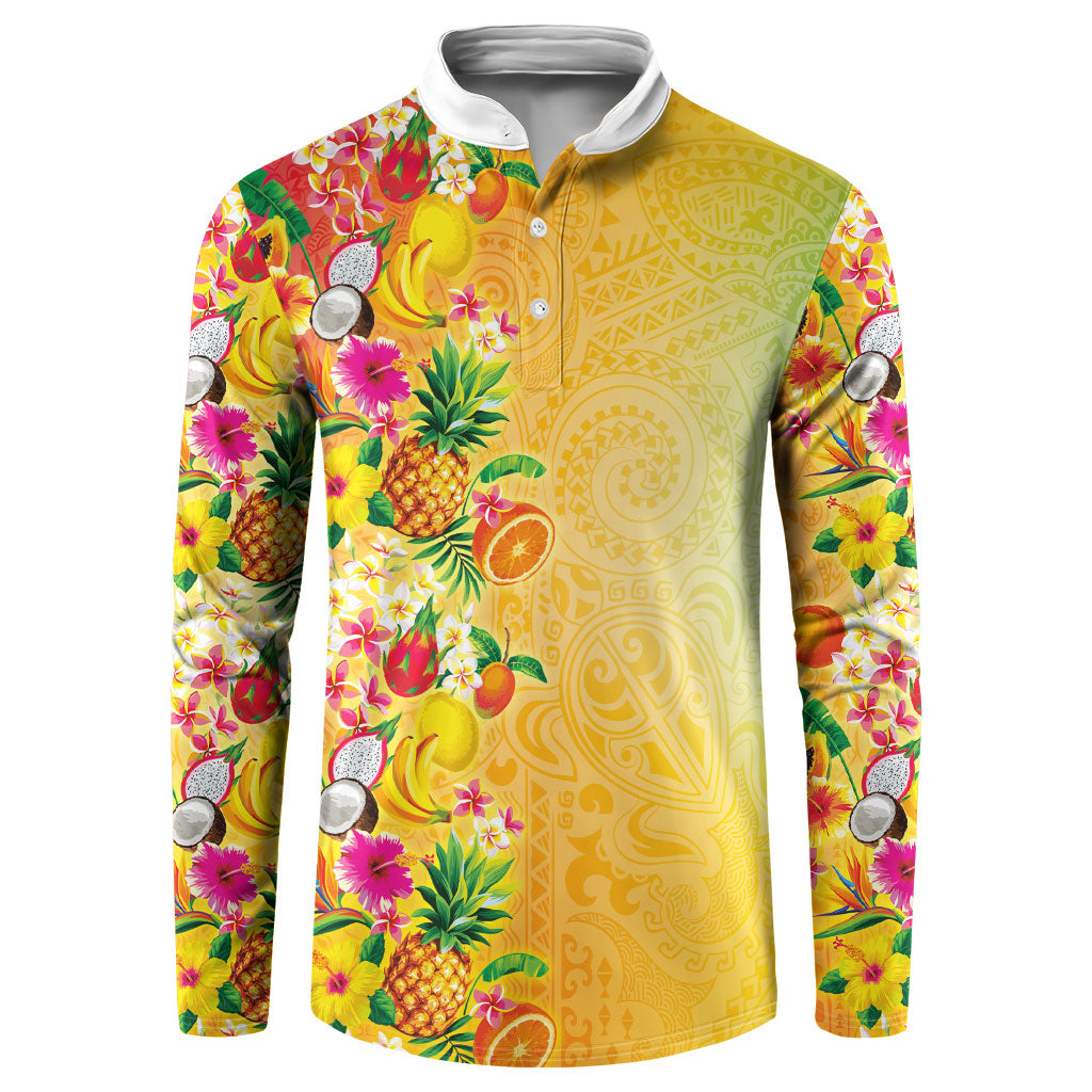 Hawaiian Tropical Fruits and Plants Button Sweatshirt Kakau Pattern Summer Vibe