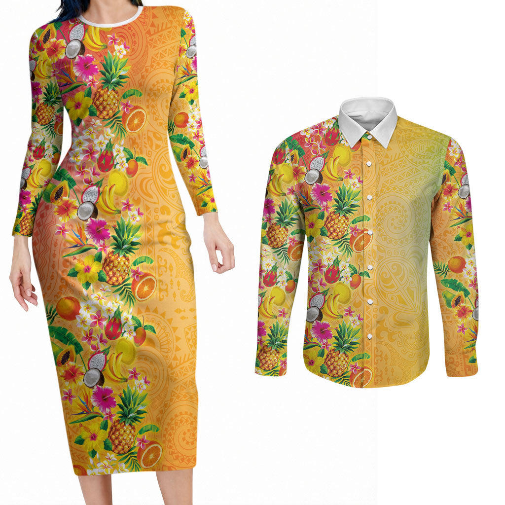 Hawaiian Tropical Fruits and Plants Couples Matching Long Sleeve Bodycon Dress and Long Sleeve Button Shirt Kakau Pattern Summer Vibe