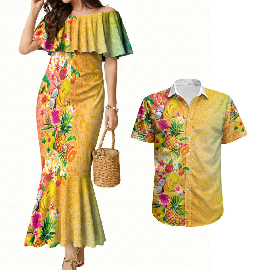 Hawaiian Tropical Fruits and Plants Couples Matching Mermaid Dress and Hawaiian Shirt Kakau Pattern Summer Vibe