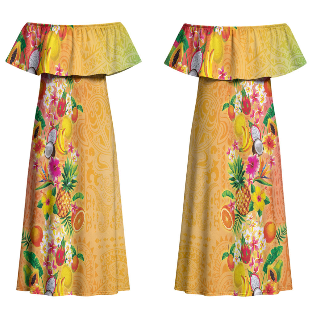 Hawaiian Tropical Fruits and Plants Couples Matching Off Shoulder Maxi Dress and Long Sleeve Button Shirt Kakau Pattern Summer Vibe