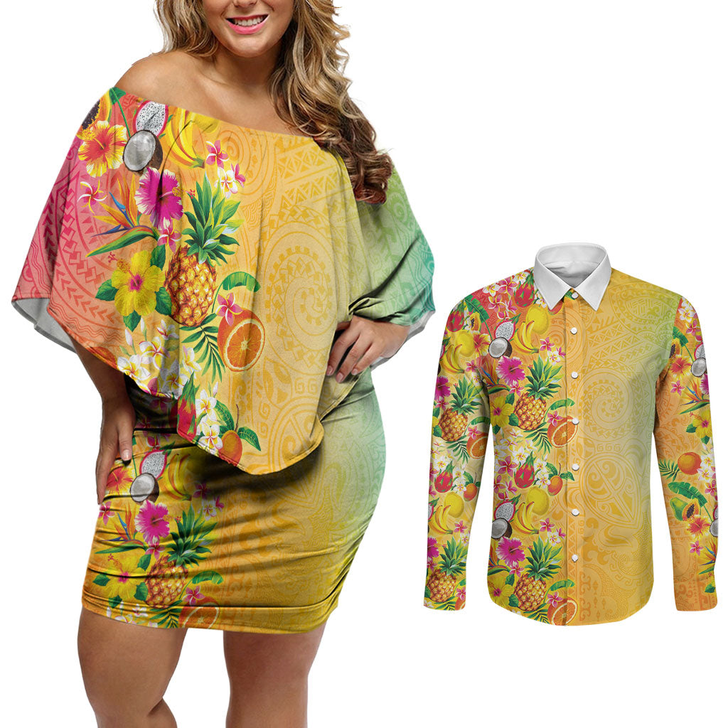 Hawaiian Tropical Fruits and Plants Couples Matching Off Shoulder Short Dress and Long Sleeve Button Shirt Kakau Pattern Summer Vibe