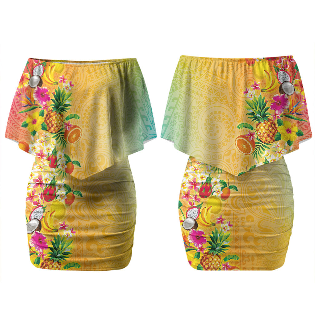 Hawaiian Tropical Fruits and Plants Couples Matching Off Shoulder Short Dress and Long Sleeve Button Shirt Kakau Pattern Summer Vibe