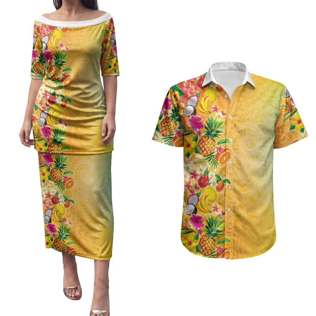Hawaiian Tropical Fruits and Plants Couples Matching Puletasi and Hawaiian Shirt Kakau Pattern Summer Vibe LT03 Multicolor - Polynesian Pride