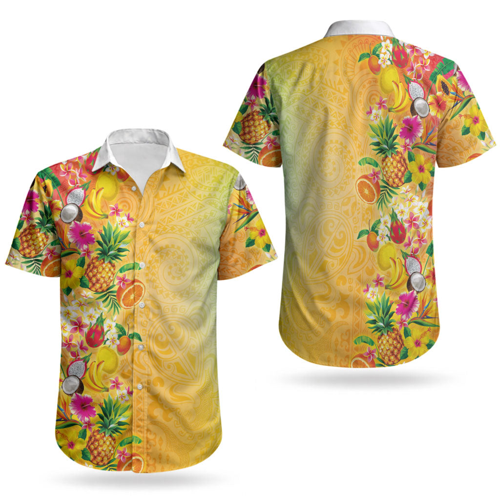 Hawaiian Tropical Fruits and Plants Couples Matching Puletasi and Hawaiian Shirt Kakau Pattern Summer Vibe