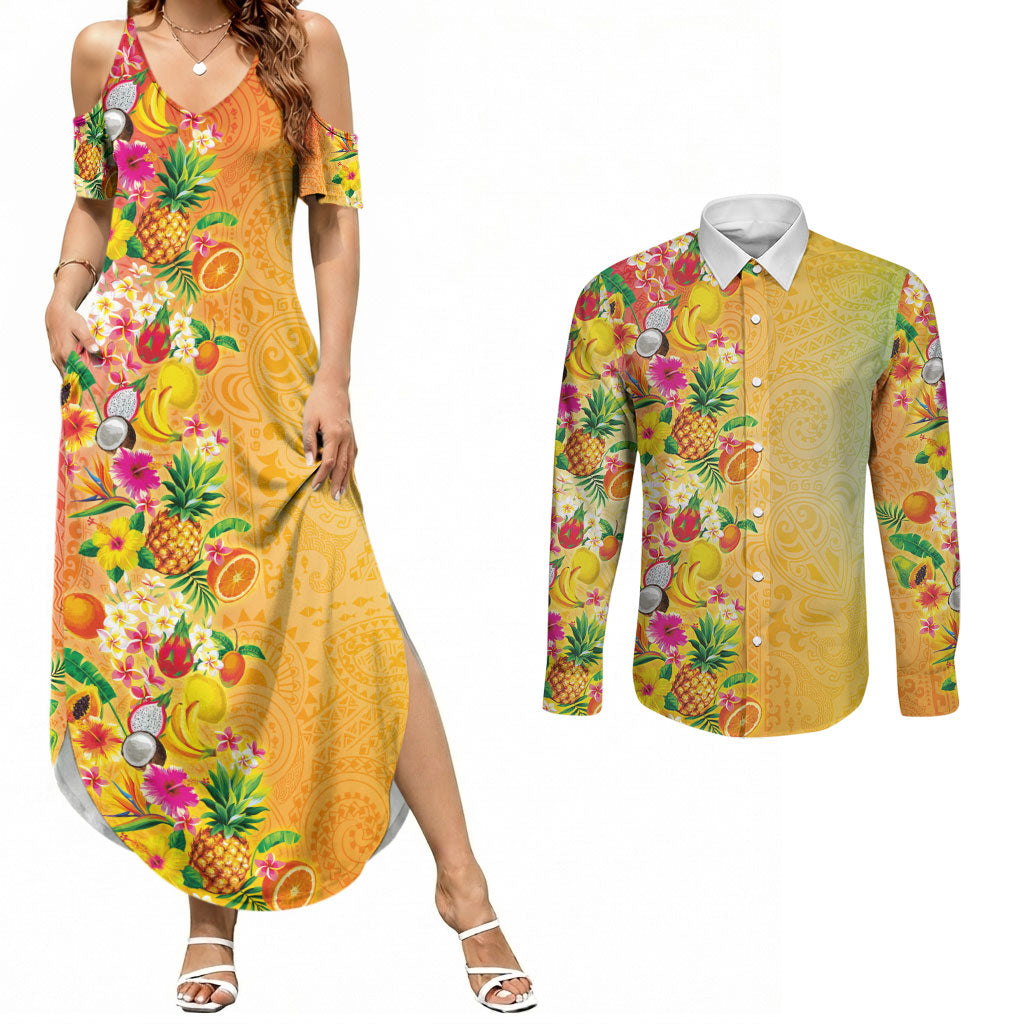 Hawaiian Tropical Fruits and Plants Couples Matching Summer Maxi Dress and Long Sleeve Button Shirt Kakau Pattern Summer Vibe