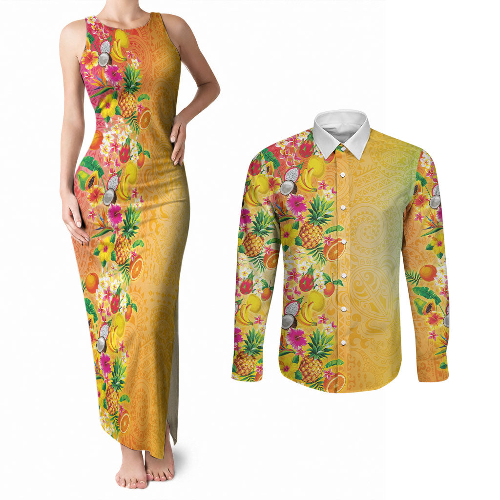 Hawaiian Tropical Fruits and Plants Couples Matching Tank Maxi Dress and Long Sleeve Button Shirt Kakau Pattern Summer Vibe