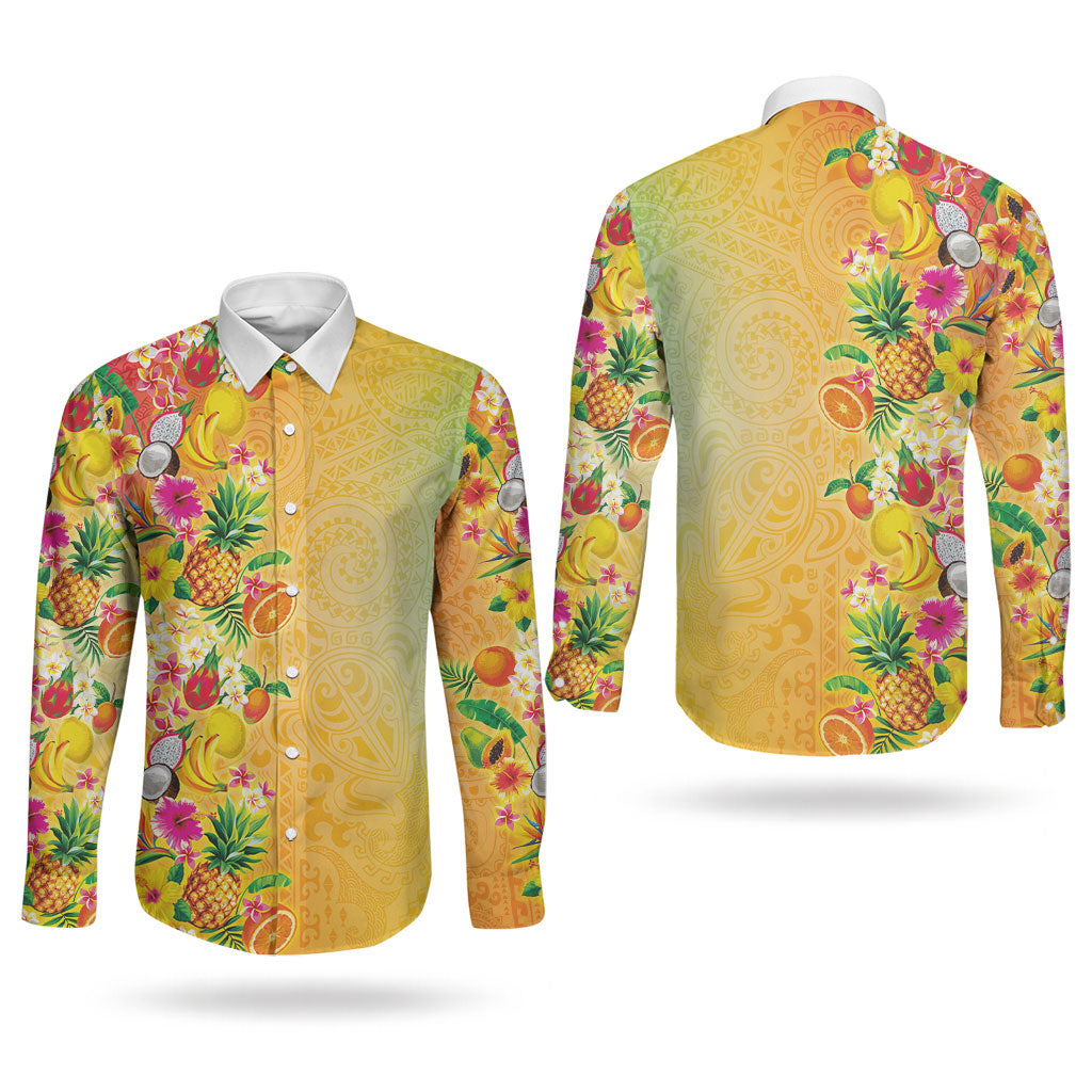 Hawaiian Tropical Fruits and Plants Couples Matching Tank Maxi Dress and Long Sleeve Button Shirt Kakau Pattern Summer Vibe