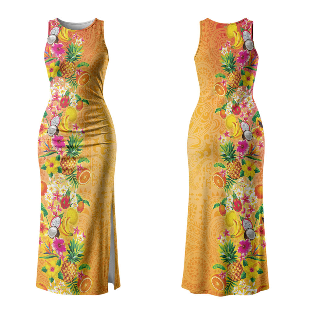 Hawaiian Tropical Fruits and Plants Couples Matching Tank Maxi Dress and Long Sleeve Button Shirt Kakau Pattern Summer Vibe