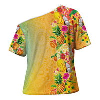 Hawaiian Tropical Fruits and Plants Cross Shoulder Shirt Kakau Pattern Summer Vibe