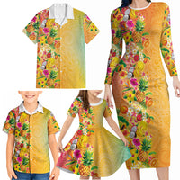 Hawaiian Tropical Fruits and Plants Family Matching Long Sleeve Bodycon Dress and Hawaiian Shirt Kakau Pattern Summer Vibe