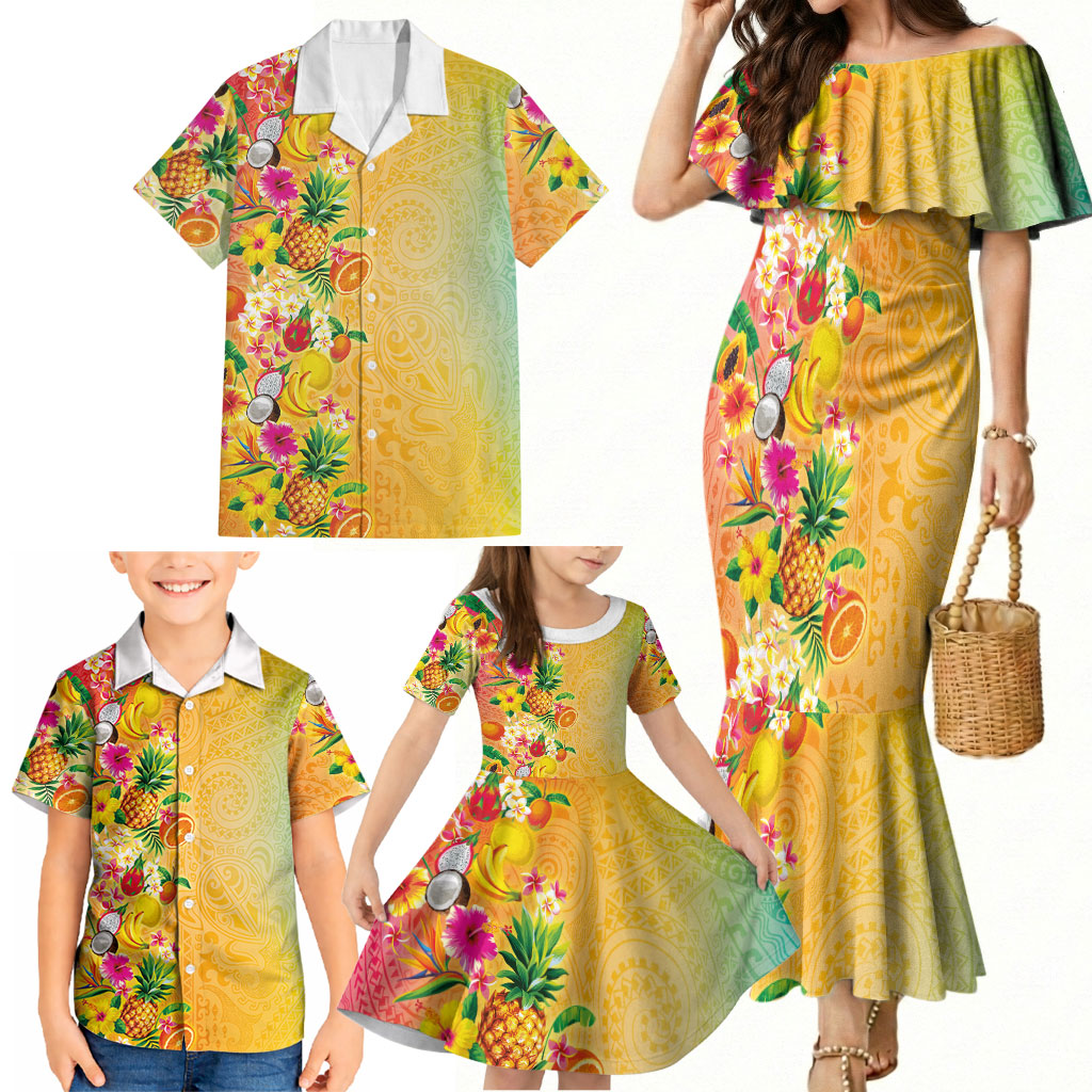 Hawaiian Tropical Fruits and Plants Family Matching Mermaid Dress and Hawaiian Shirt Kakau Pattern Summer Vibe
