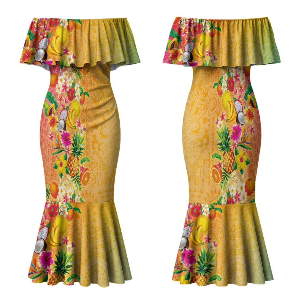Hawaiian Tropical Fruits and Plants Family Matching Mermaid Dress and Hawaiian Shirt Kakau Pattern Summer Vibe