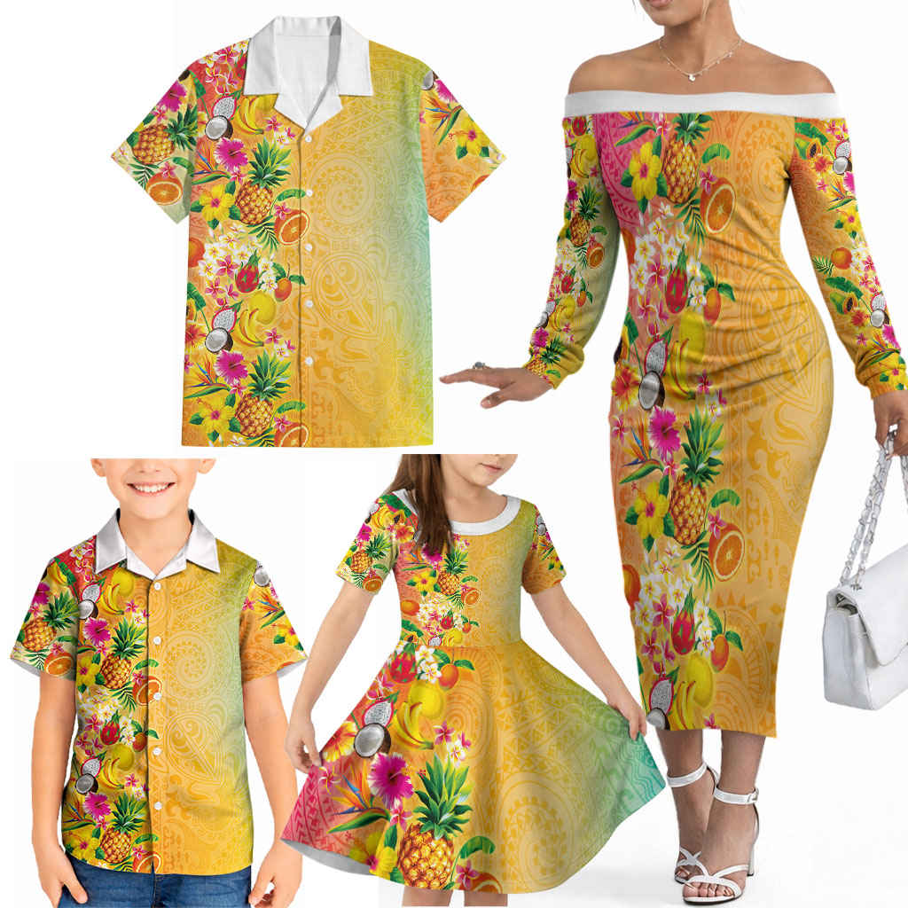 Hawaiian Tropical Fruits and Plants Family Matching Off The Shoulder Long Sleeve Dress and Hawaiian Shirt Kakau Pattern Summer Vibe LT03 - Polynesian Pride