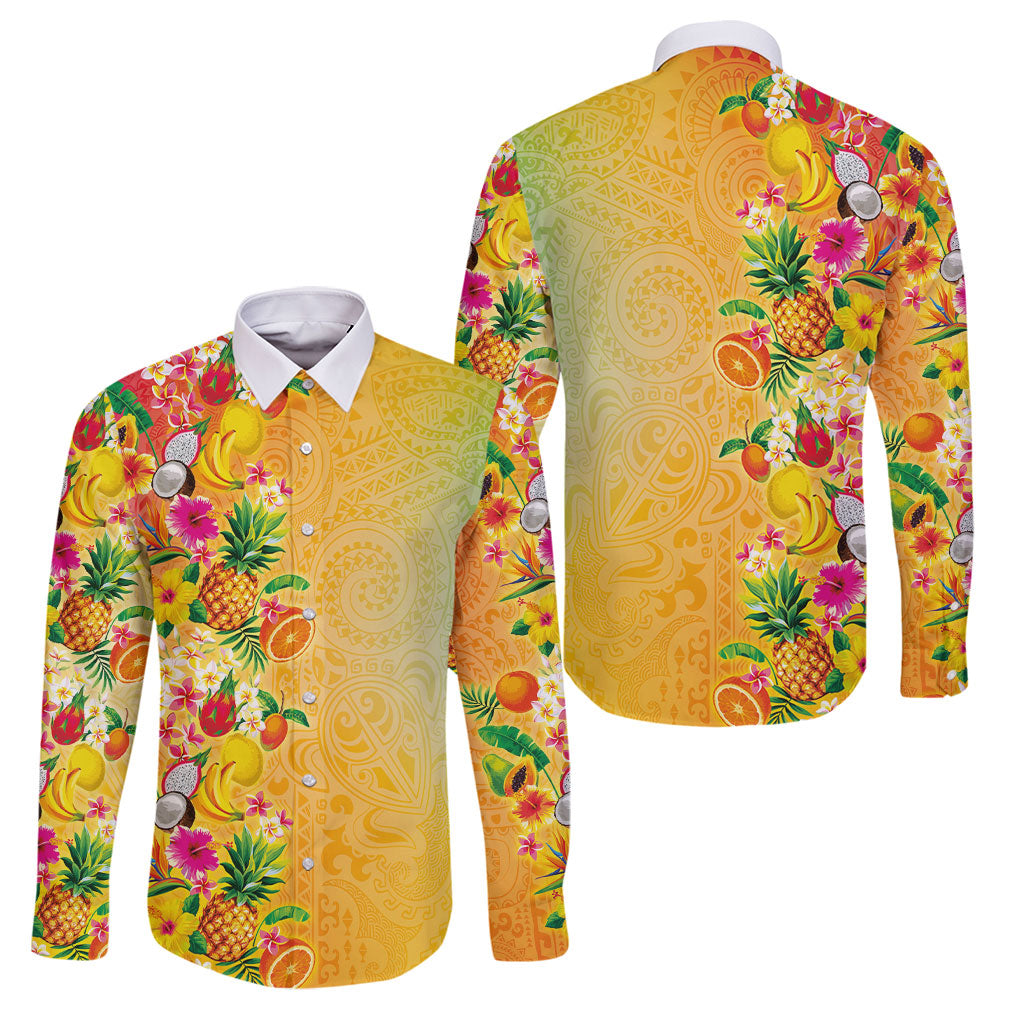 Hawaiian Tropical Fruits and Plants Family Matching Off The Shoulder Long Sleeve Dress and Hawaiian Shirt Kakau Pattern Summer Vibe
