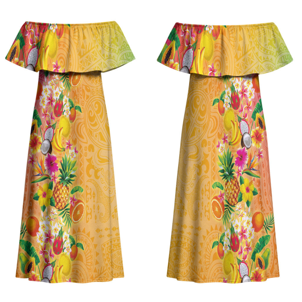 Hawaiian Tropical Fruits and Plants Family Matching Off Shoulder Maxi Dress and Hawaiian Shirt Kakau Pattern Summer Vibe