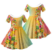 Hawaiian Tropical Fruits and Plants Family Matching Off Shoulder Short Dress and Hawaiian Shirt Kakau Pattern Summer Vibe LT03 Daughter's Dress Multicolor - Polynesian Pride