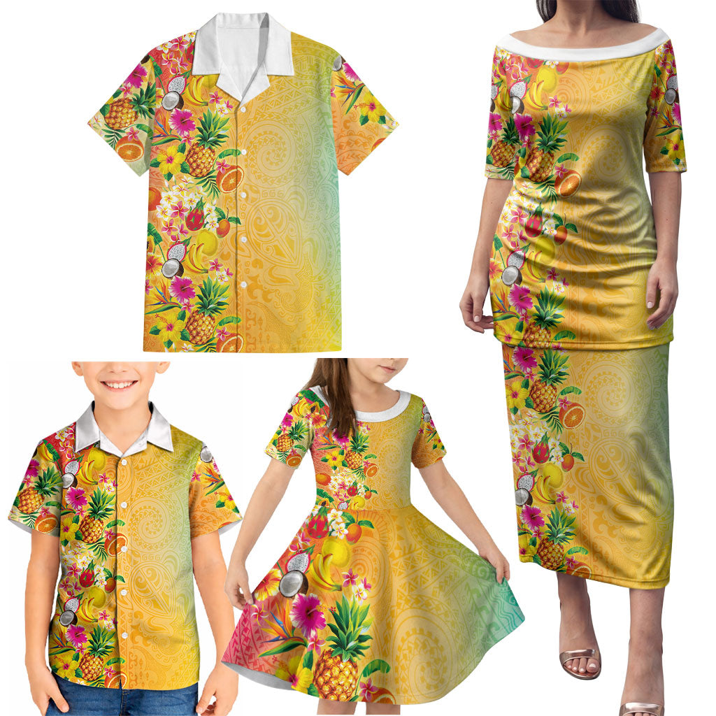 Hawaiian Tropical Fruits and Plants Family Matching Puletasi and Hawaiian Shirt Kakau Pattern Summer Vibe LT03 - Polynesian Pride