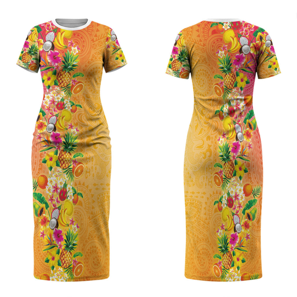 Hawaiian Tropical Fruits and Plants Family Matching Short Sleeve Bodycon Dress and Hawaiian Shirt Kakau Pattern Summer Vibe