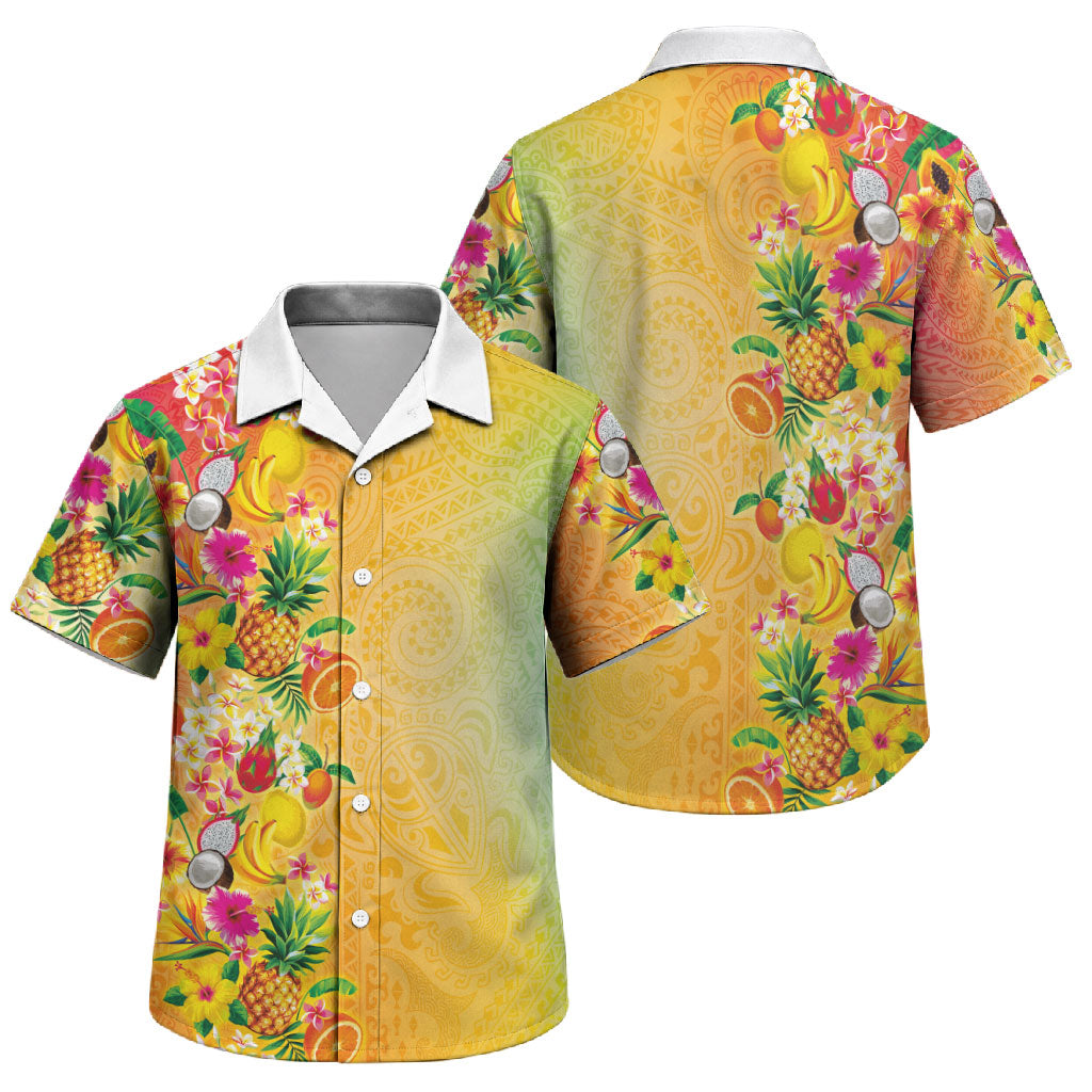 Hawaiian Tropical Fruits and Plants Family Matching Short Sleeve Bodycon Dress and Hawaiian Shirt Kakau Pattern Summer Vibe