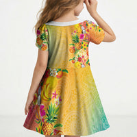 Hawaiian Tropical Fruits and Plants Kid Short Sleeve Dress Kakau Pattern Summer Vibe LT03 - Polynesian Pride