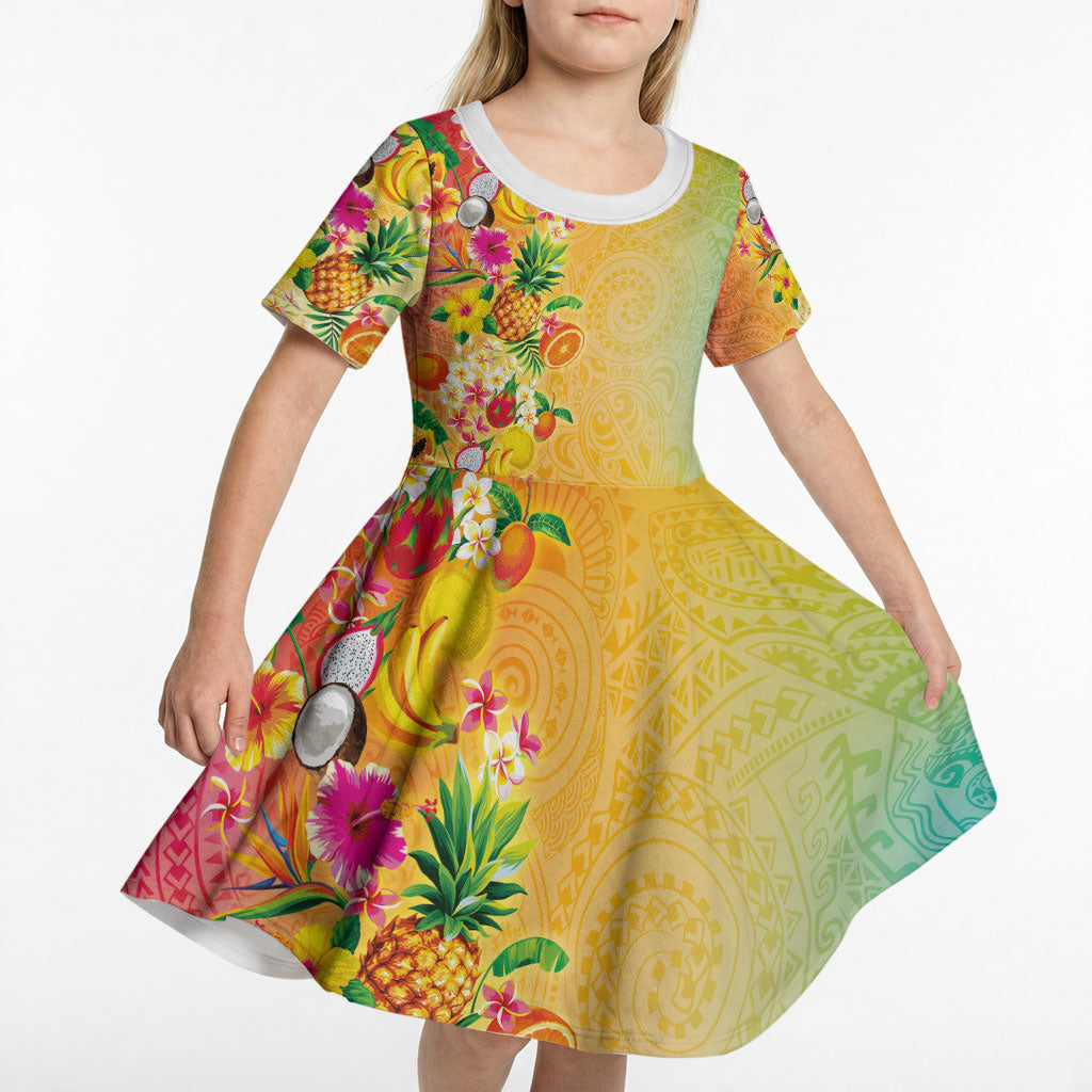 Hawaiian Tropical Fruits and Plants Kid Short Sleeve Dress Kakau Pattern Summer Vibe LT03 - Polynesian Pride