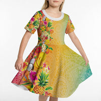 Hawaiian Tropical Fruits and Plants Kid Short Sleeve Dress Kakau Pattern Summer Vibe LT03 - Polynesian Pride