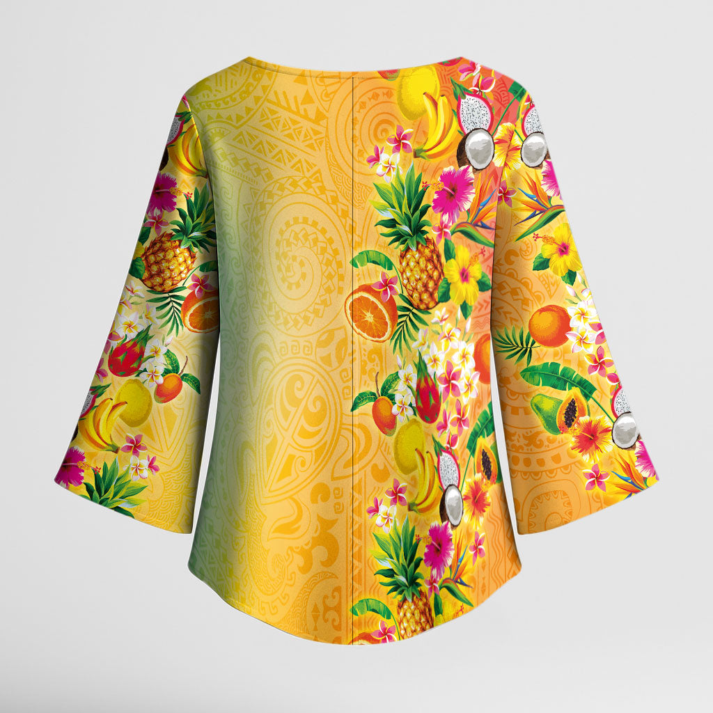 Hawaiian Tropical Fruits and Plants Kimono Sleeve Blouse Kakau Pattern Summer Vibe