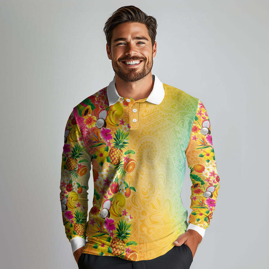 Hawaiian Tropical Fruits and Plants Long Sleeve Polo Shirt Kakau Pattern Summer Vibe LT03 - Polynesian Pride