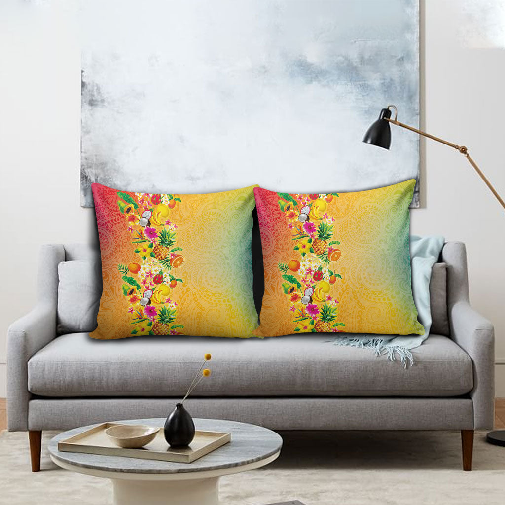 Hawaiian Tropical Fruits and Plants Pillow Cover Kakau Pattern Summer Vibe