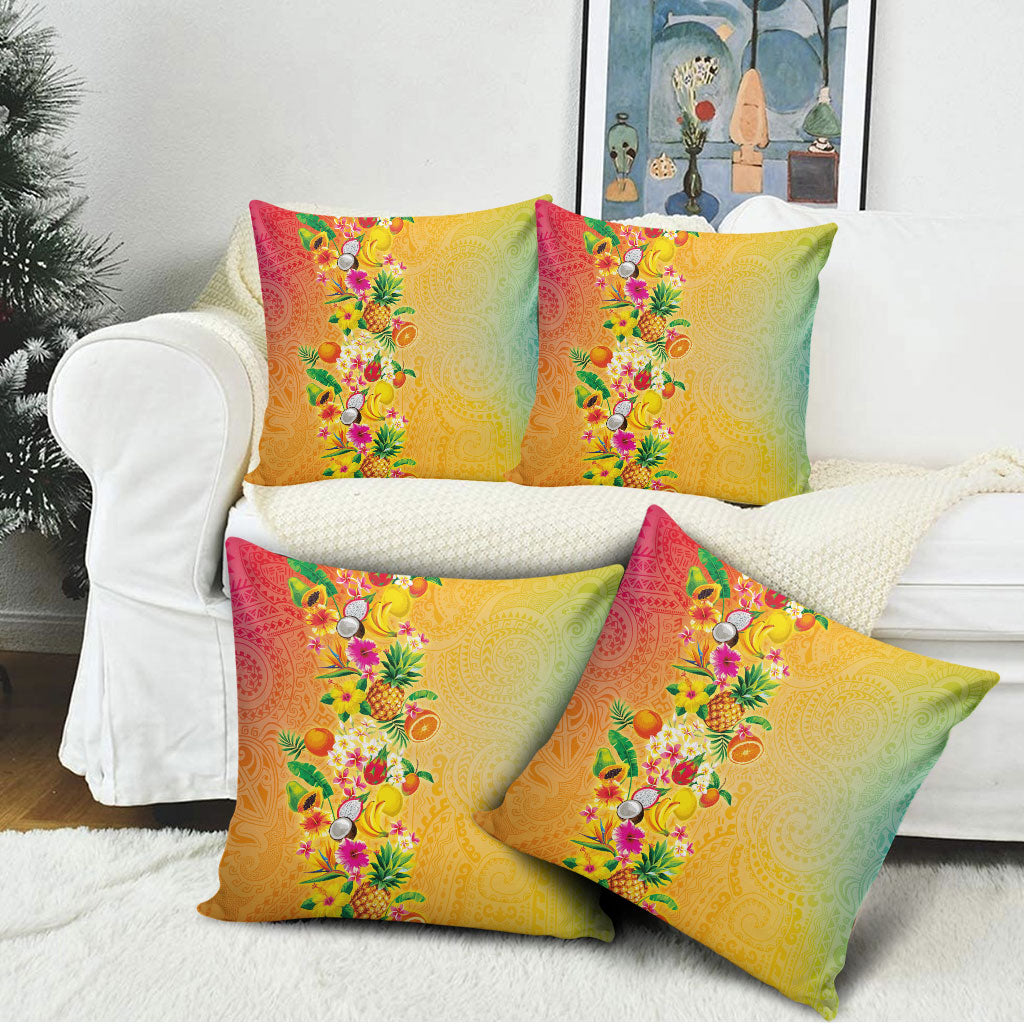 Hawaiian Tropical Fruits and Plants Pillow Cover Kakau Pattern Summer Vibe