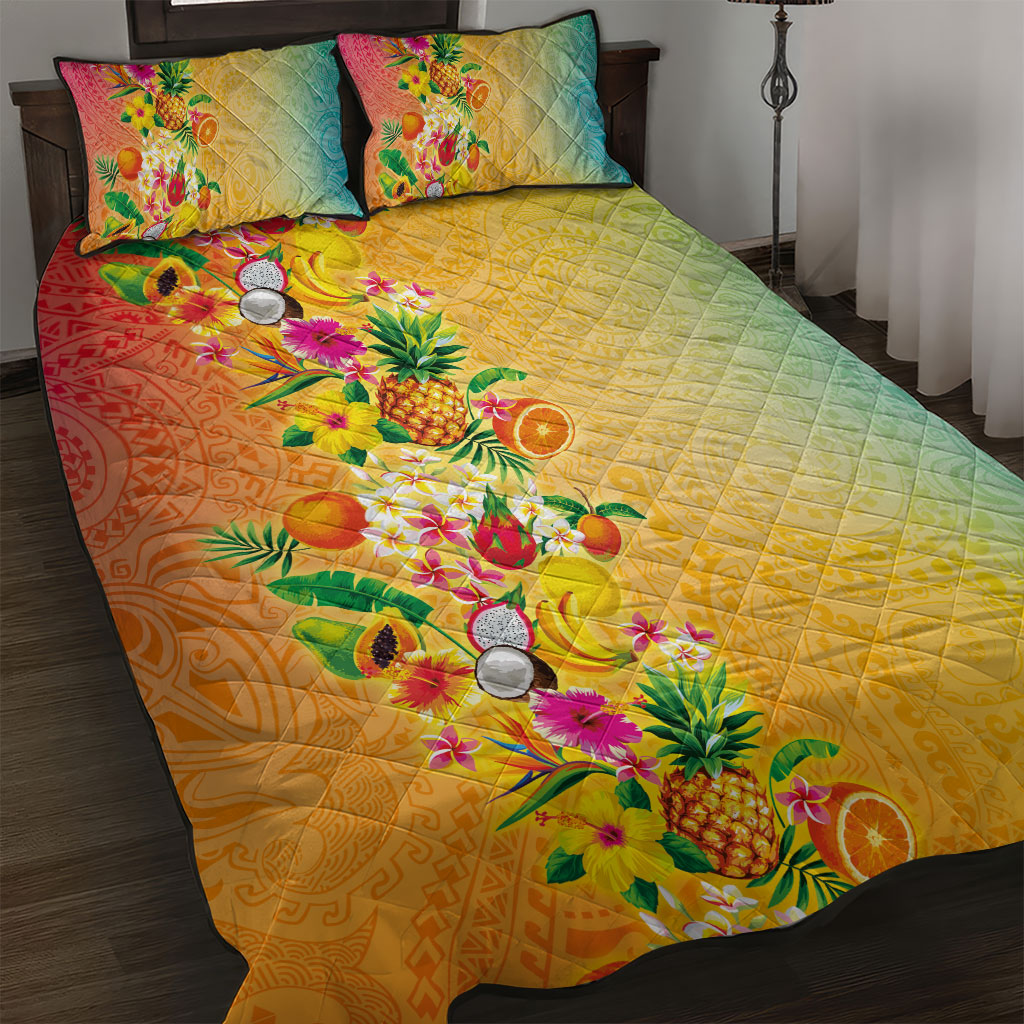 Hawaiian Tropical Fruits and Plants Quilt Bed Set Kakau Pattern Summer Vibe LT03 Multicolor - Polynesian Pride