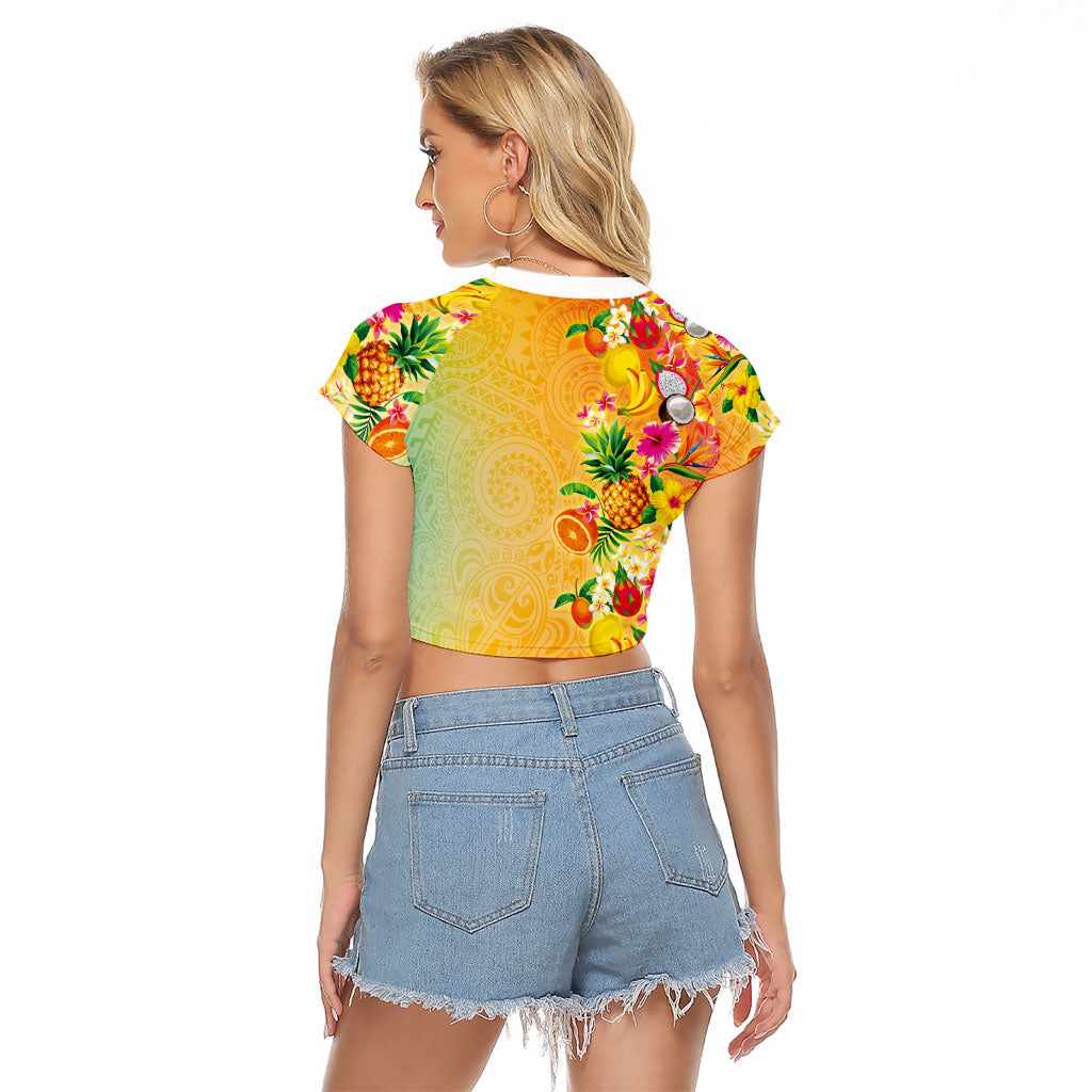 Hawaiian Tropical Fruits and Plants Raglan Cropped T Shirt Kakau Pattern Summer Vibe LT03 - Polynesian Pride