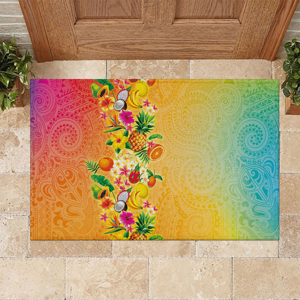 Hawaiian Tropical Fruits and Plants Rubber Doormat Kakau Pattern Summer Vibe