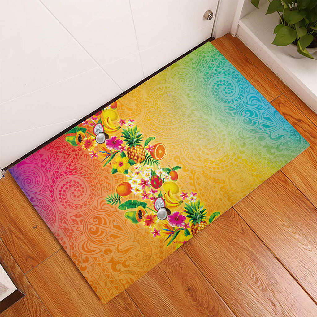 Hawaiian Tropical Fruits and Plants Rubber Doormat Kakau Pattern Summer Vibe