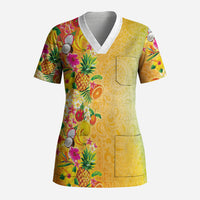 Hawaiian Tropical Fruits and Plants Scrub Top Kakau Pattern Summer Vibe
