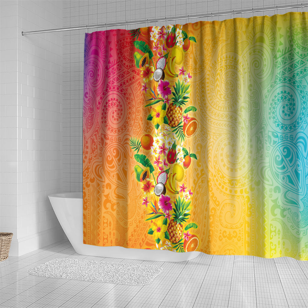 Hawaiian Tropical Fruits and Plants Shower Curtain Kakau Pattern Summer Vibe