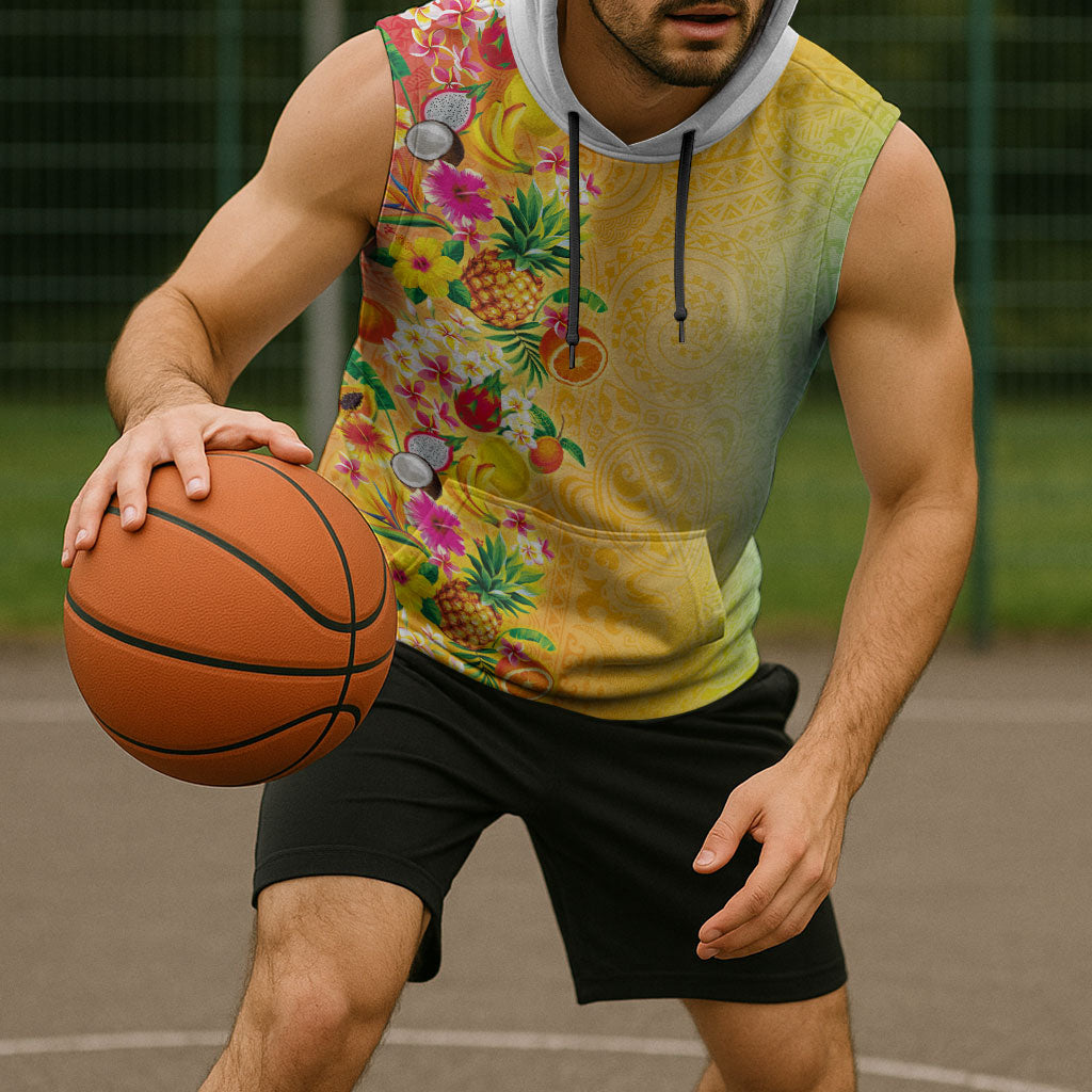Hawaiian Tropical Fruits and Plants Sleeveless Hoodie Kakau Pattern Summer Vibe