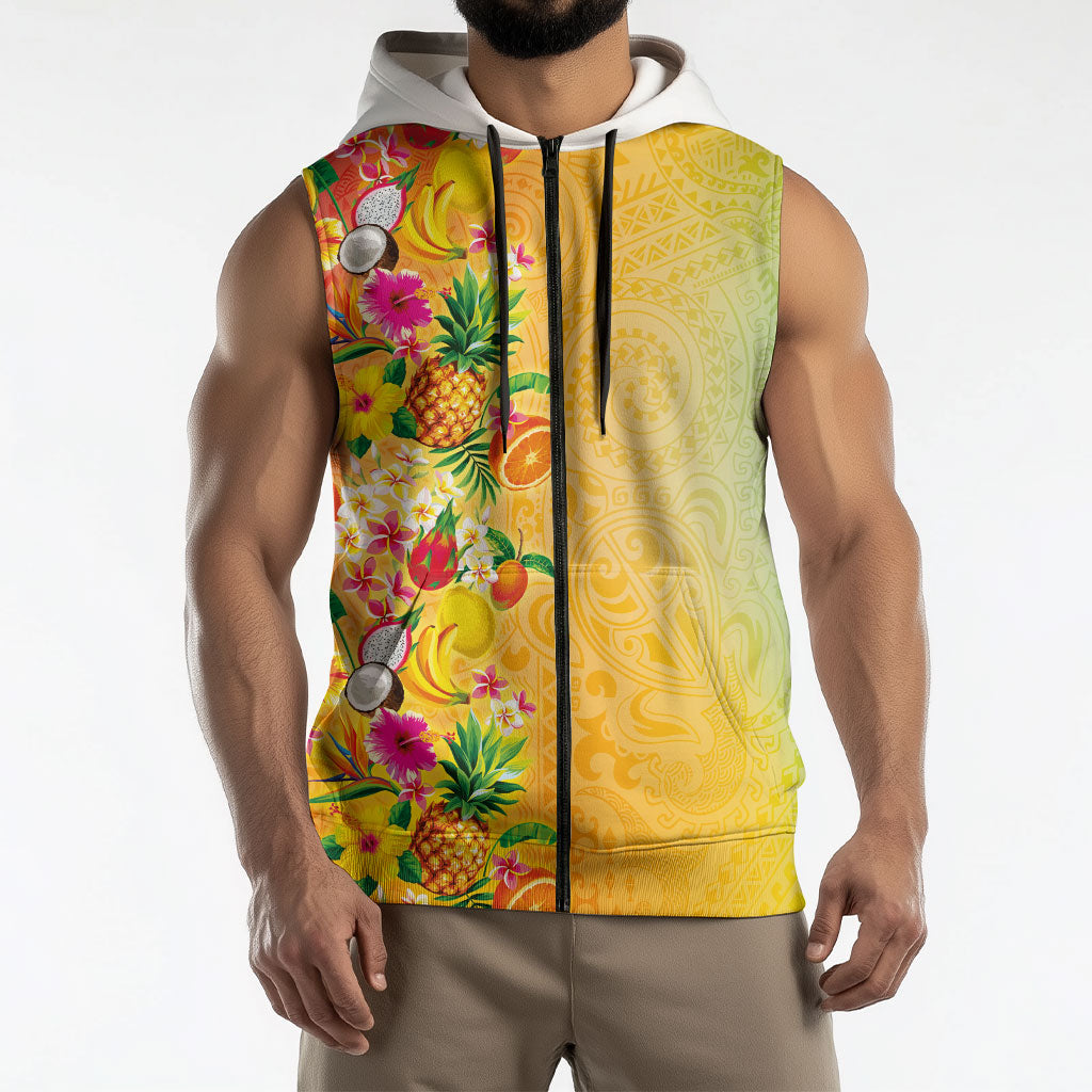 Hawaiian Tropical Fruits and Plants Sleeveless Zip Hoodie Kakau Pattern Summer Vibe LT03 - Polynesian Pride