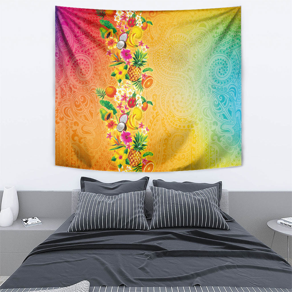 Hawaiian Tropical Fruits and Plants Tapestry Kakau Pattern Summer Vibe