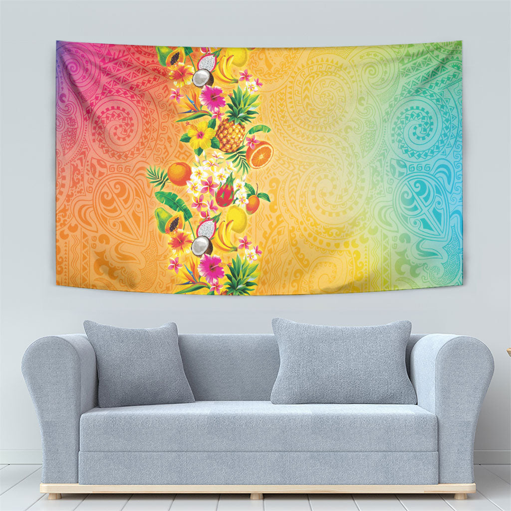 Hawaiian Tropical Fruits and Plants Tapestry Kakau Pattern Summer Vibe