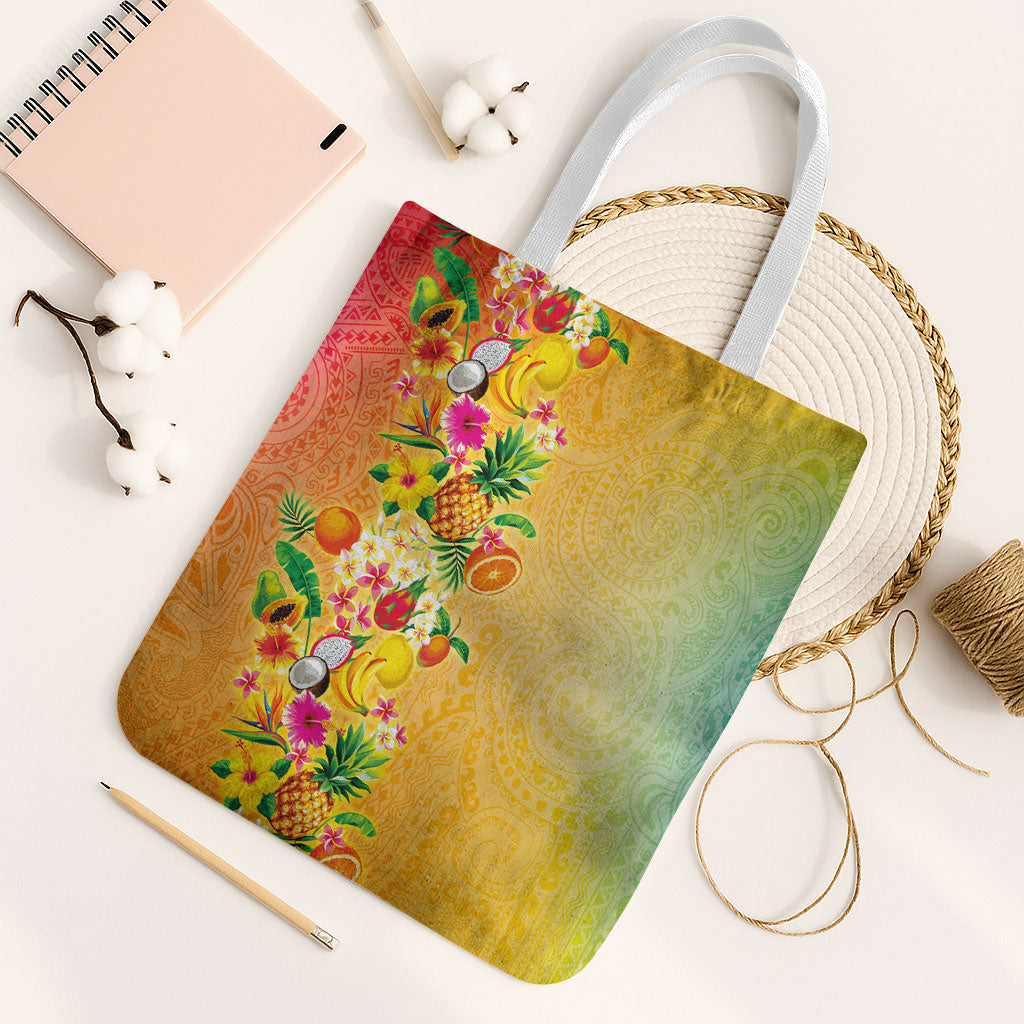 Hawaiian Tropical Fruits and Plants Tote Bag Kakau Pattern Summer Vibe