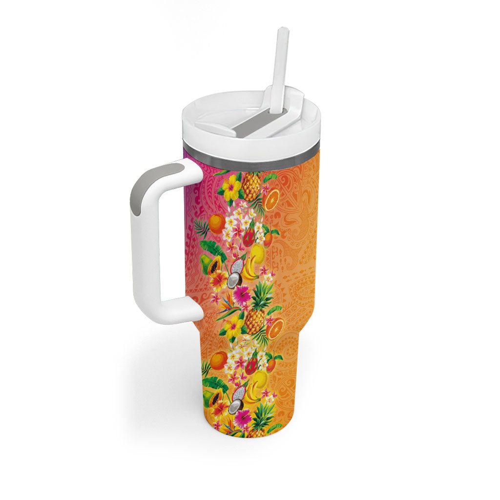 Hawaiian Tropical Fruits and Plants Tumbler With Handle Kakau Pattern Summer Vibe