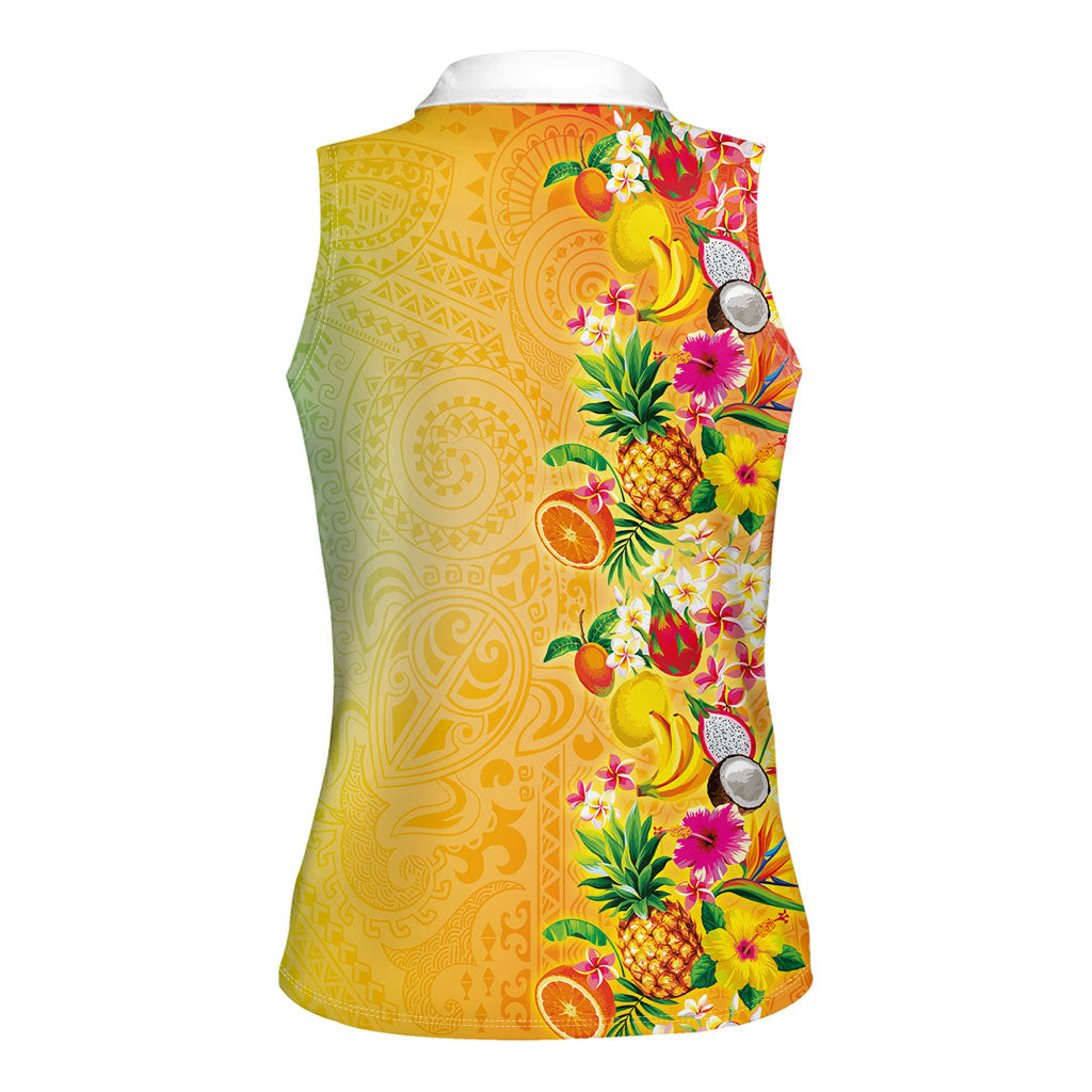 Hawaiian Tropical Fruits and Plants Women Sleeveless Polo Shirt Kakau Pattern Summer Vibe