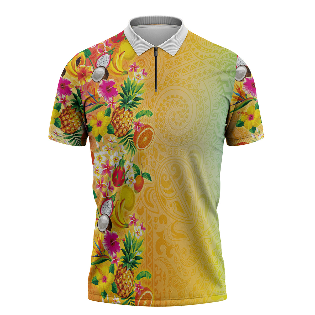 Hawaiian Tropical Fruits and Plants Zipper Polo Shirt Kakau Pattern Summer Vibe LT03 Multicolor - Polynesian Pride