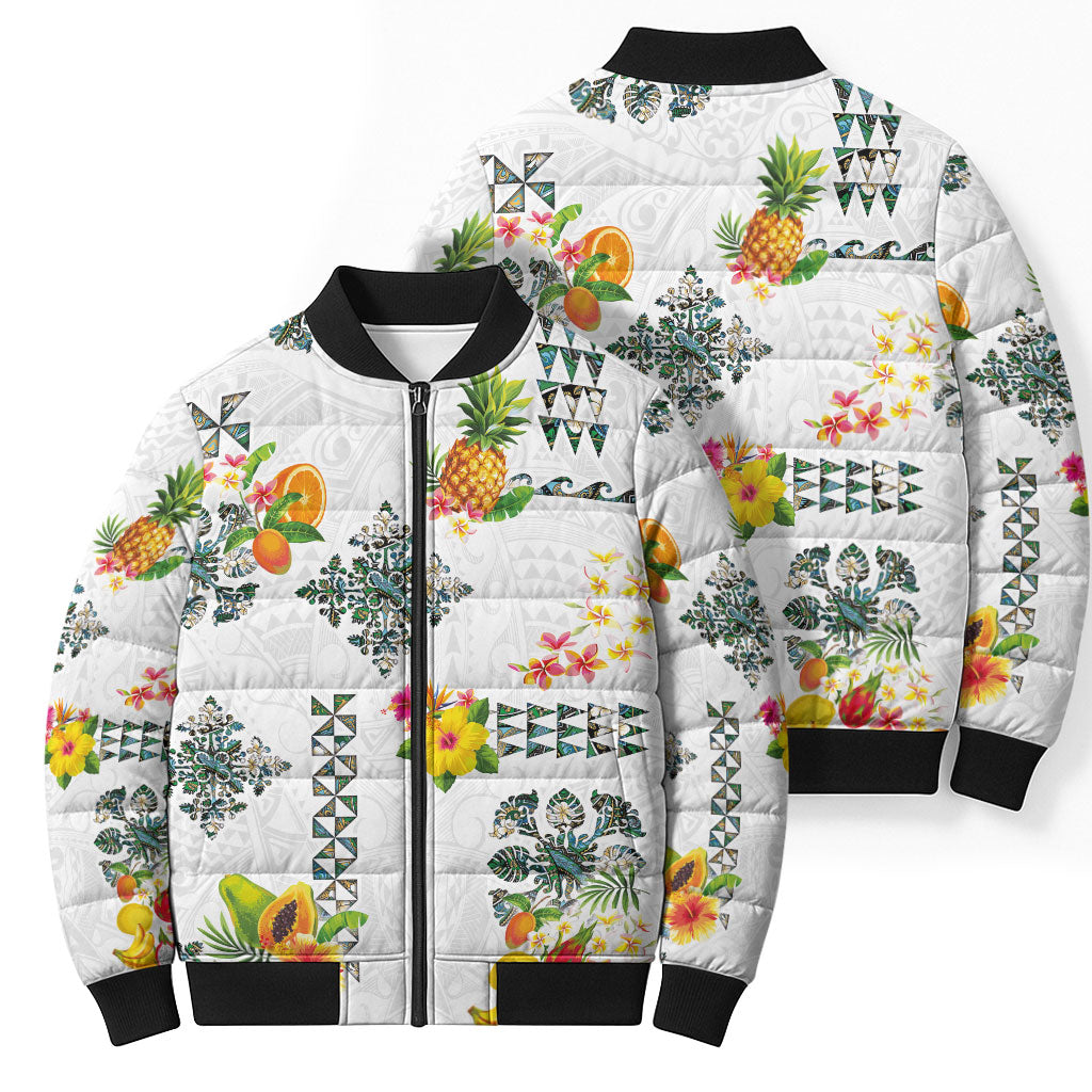 Hawaiian Quilts Bomber Puffer Jacket Tropical Fruits and Plants