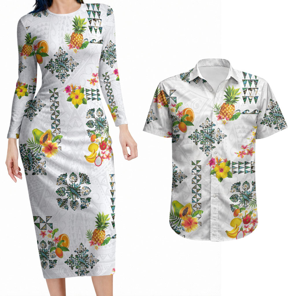 Hawaiian Quilts Couples Matching Long Sleeve Bodycon Dress and Hawaiian Shirt Tropical Fruits and Plants LT03 White - Polynesian Pride